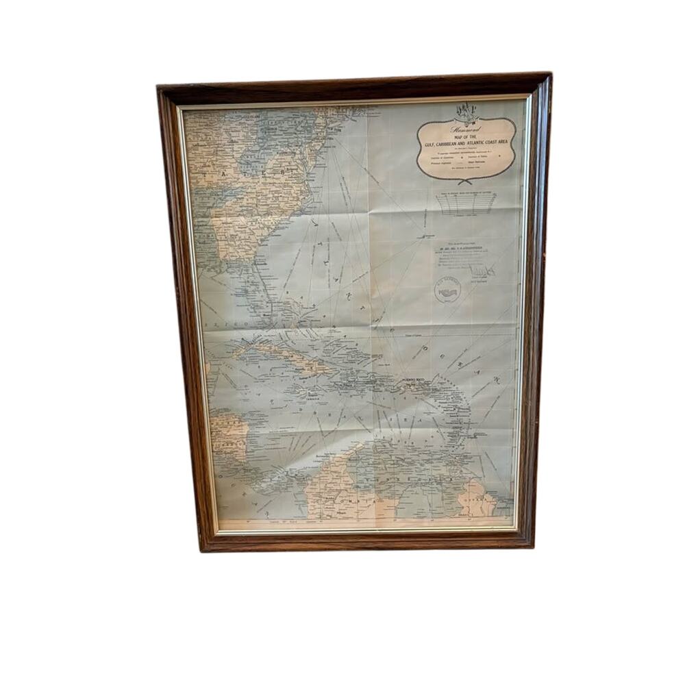 Vintage Framed Hammond Caribbean Map w/ M/S Skyward Cruise Verification framed